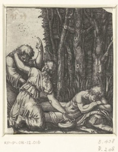 Man and young woman near a sleeping naked man at the edge of the woods