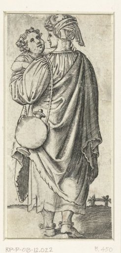Woman with turban or headscarf and jug carrying a child on her arm