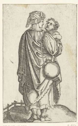 Woman with turban or headscarf and jug carrying a child on her arm