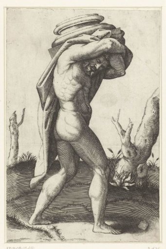 Naked man carrying the base of a column on his back