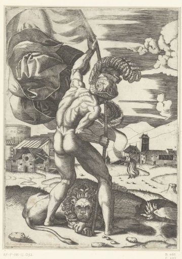Naked man with helmet carrying a flag standing beside a lion