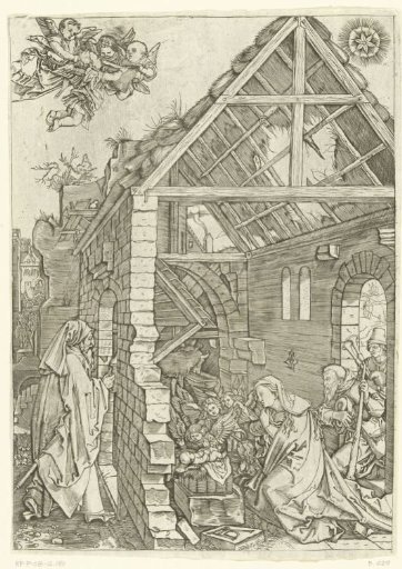 Adoration of Christ by shepherds, Mary, Joseph and angels