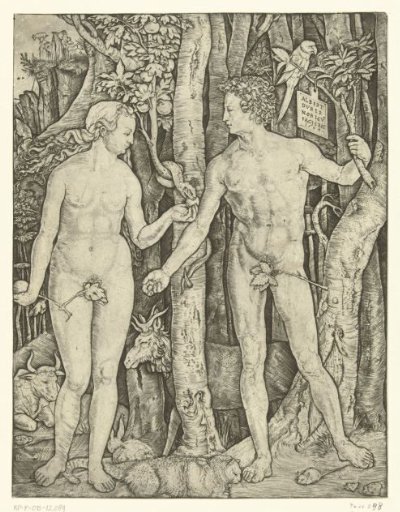Adam and Eve at the Tree of Knowledge of Good and Evil in Paradise during the Fall