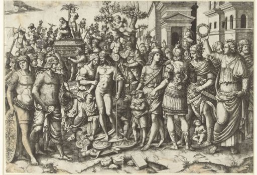 Triumphal Procession of a Roman Emperor with Soldiers and Captured Armor