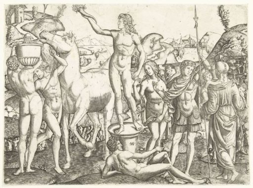 Naked Man with Torch Standing on a Pedestal Surrounded by Naked Men with Horse and Vase and Soldier Flanked by Virtues Prudence and Love