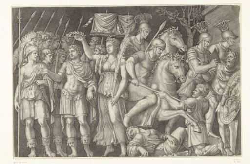 Emperor Trajan Crowned by Victoria Standing Next to Female Personification of Rome and Romans in Battle with Dacians