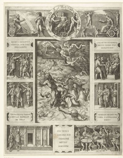 Jupiter Calms the Storm at Sea in a Rectangular Frame with Nine Scenes from the Epic Aeneid