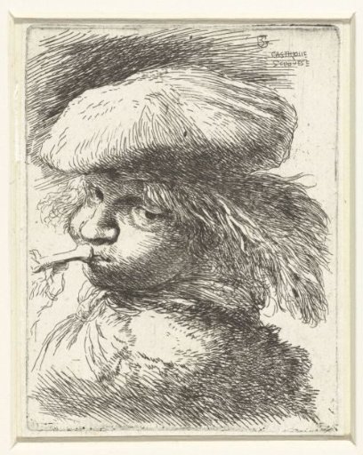 Head of a boy blowing on a trumpet