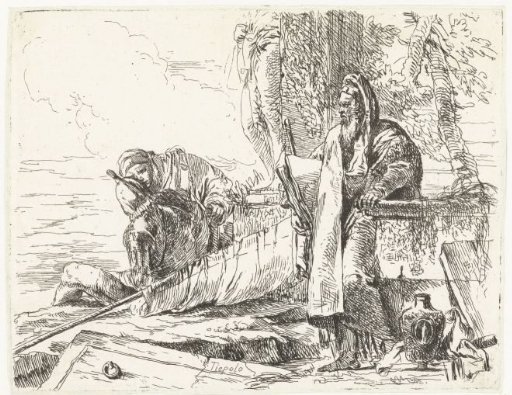 Philosopher with Book and Soldier and Man at a Statue