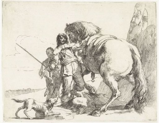 Rider with Horse and Boy and Dog