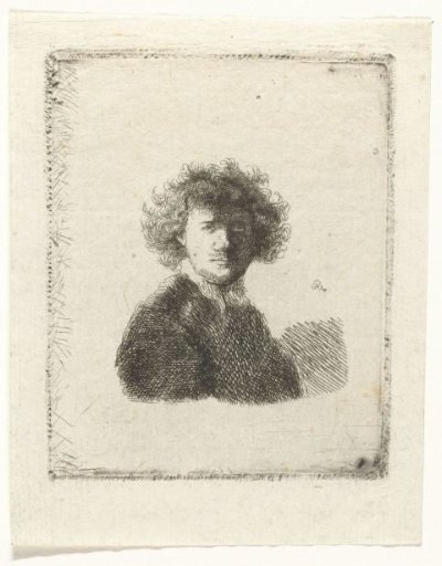 Self-portrait with curly hair and white collar: bust