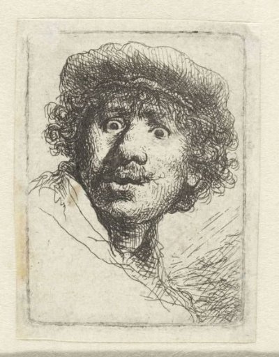 Self-portrait in a cap, wide-eyed and open-mouthed