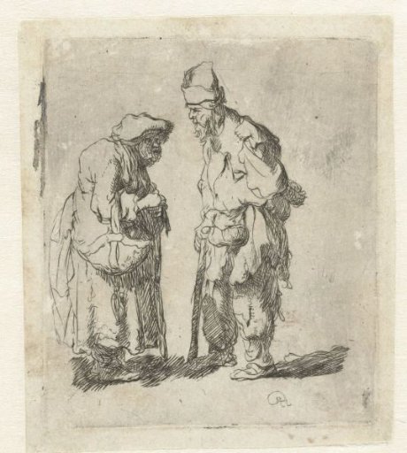 Beggar man and beggar woman conversing