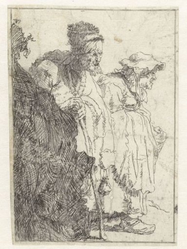 Beggar man and woman behind a bank