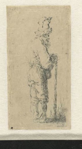 Beggar leaning on a stick, facing left
