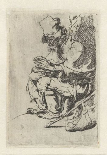 Beggar seated warming his hands at a chafing dish