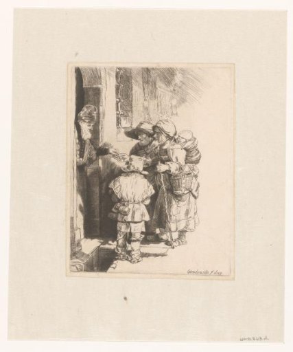 A blind hurdy-gurdy player and family receiving alms