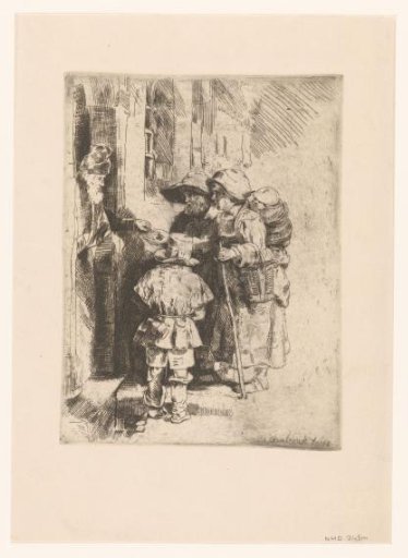 A blind hurdy-gurdy player and family receiving alms