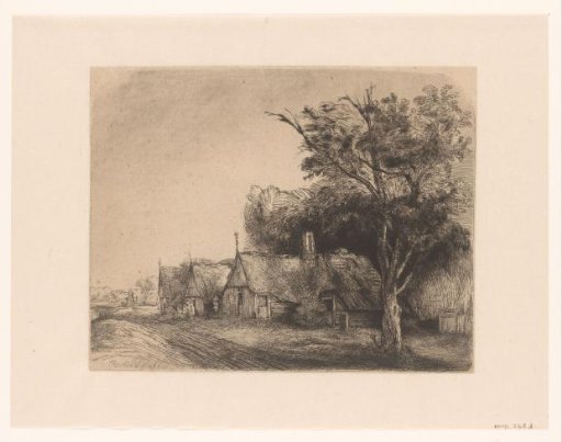 Landscape with three gabled cottages beside a road