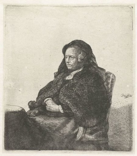 The artist's mother seated at a table, looking right: three quarter length