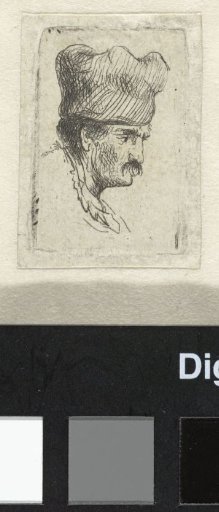 Man in a square cap, in profile right