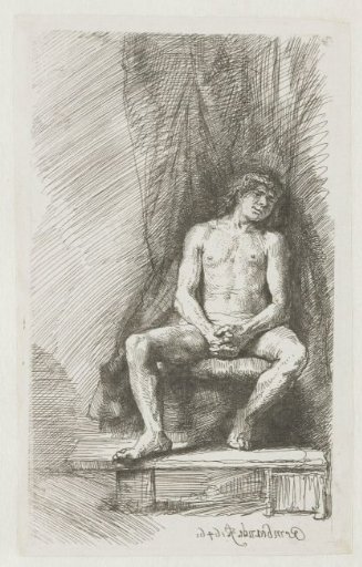 Nude man seated before a curtain