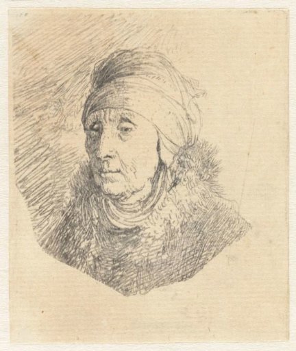 Woman with a high headdress wrapped around the chin: bust
