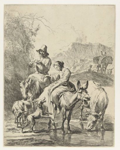 Shepherdess on a donkey and shepherd on horseback crossing a brook