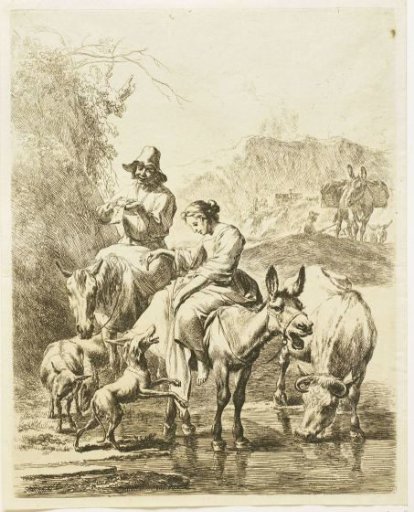 Shepherdess on a donkey and shepherd on horseback crossing a brook