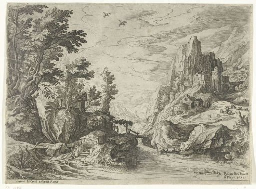 River landscape in Campania with town on rock