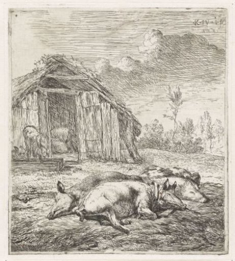 Three pigs in front of a sty