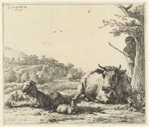 Landscape with a Shepherd Behind a Tree and a Lying Cow with a Sheep and a Lamb