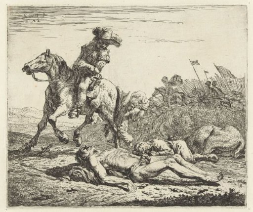 Battlefield with a horseman and two dead men