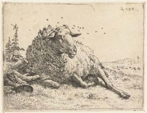 Sheep near a tree trunk