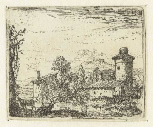 Italianate Landscape with Round Tower and Two Goats