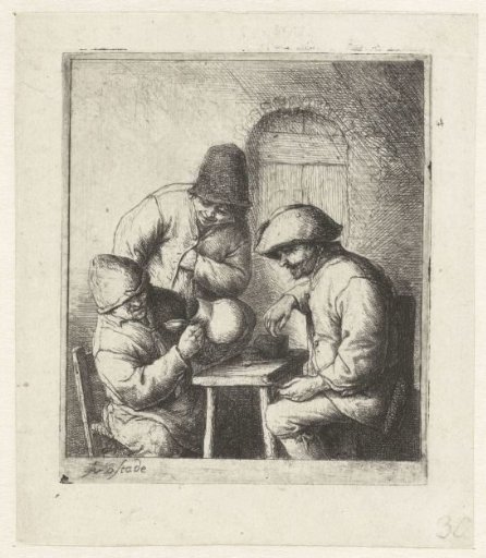 Man Looking into an Empty Jug, Two Men Watching