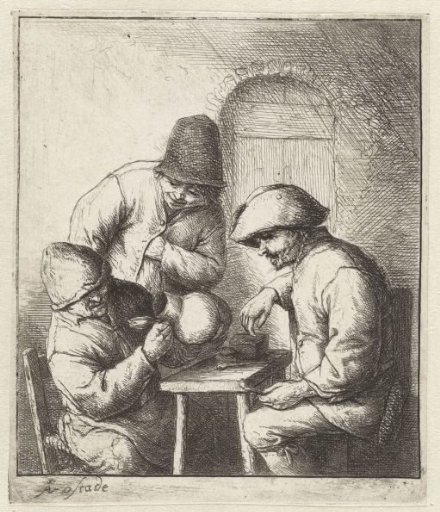 Man Looking into an Empty Jug, Two Men Watching
