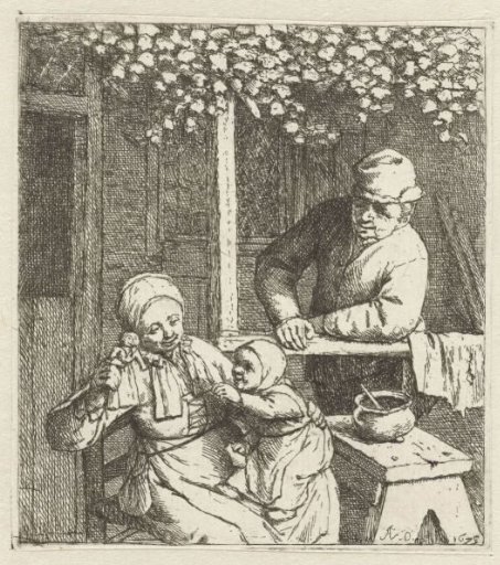 Mother with Child on Lap Reaching for a Doll, a Man Watching