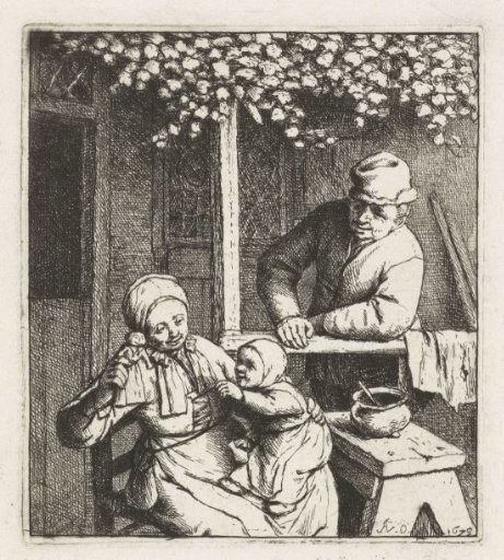 Mother with child on lap reaching for a doll, a man looking on