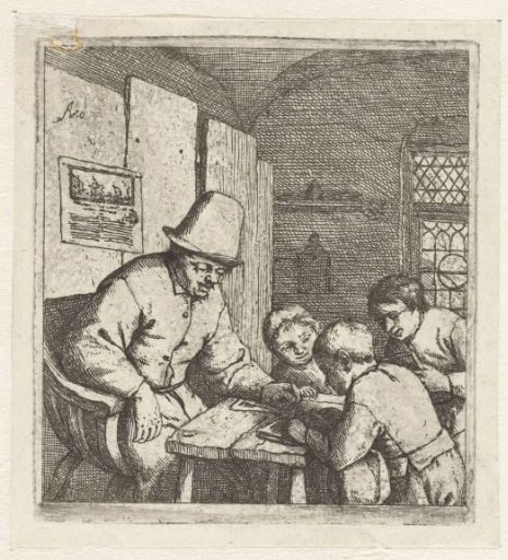 Schoolmaster with three pupils at a table