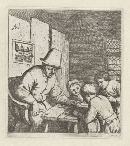 Schoolmaster with three pupils at a table