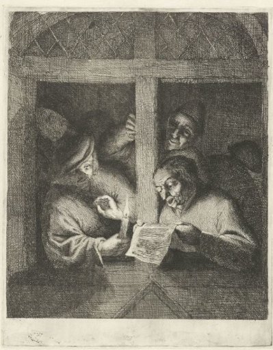 Three men singing from a sheet of paper by candlelight in an open window