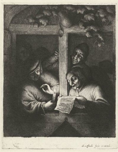 Three men singing from a sheet of paper by candlelight in an open window