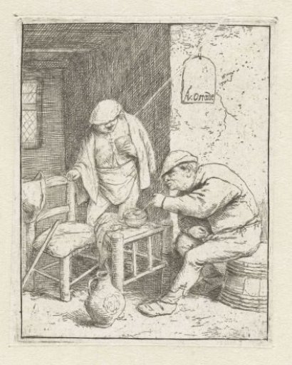 Interior of an inn with a man lighting a pipe and a man with a glass in his hand