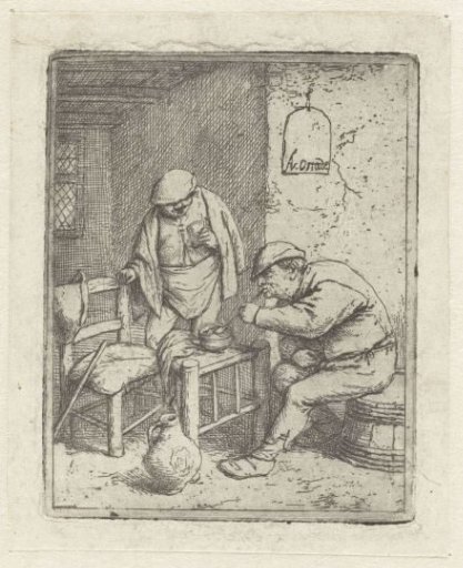 Interior of an inn with a man lighting a pipe and a man with a glass in his hand