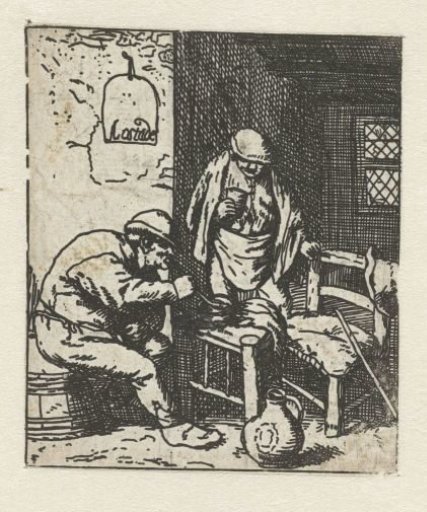 Interior of an inn with a man lighting a pipe and a man with a glass in his hand