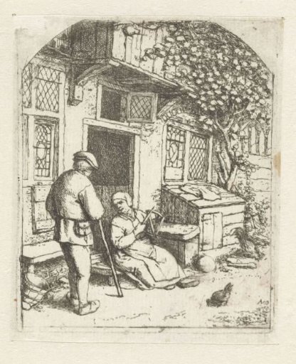Spinster sitting on the threshold of a house in conversation with a man