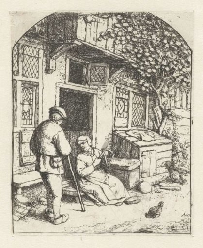 Spinster sitting on the threshold of a house in conversation with a man