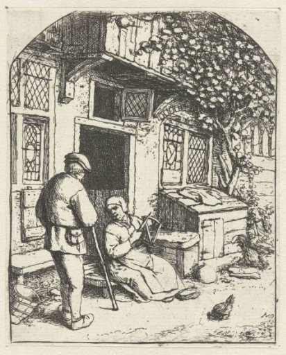 Spinster sitting on the threshold of a house in conversation with a man
