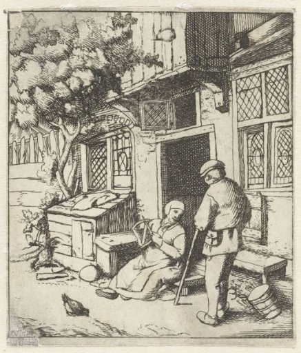 Spinster sitting on the threshold of a house in conversation with a man